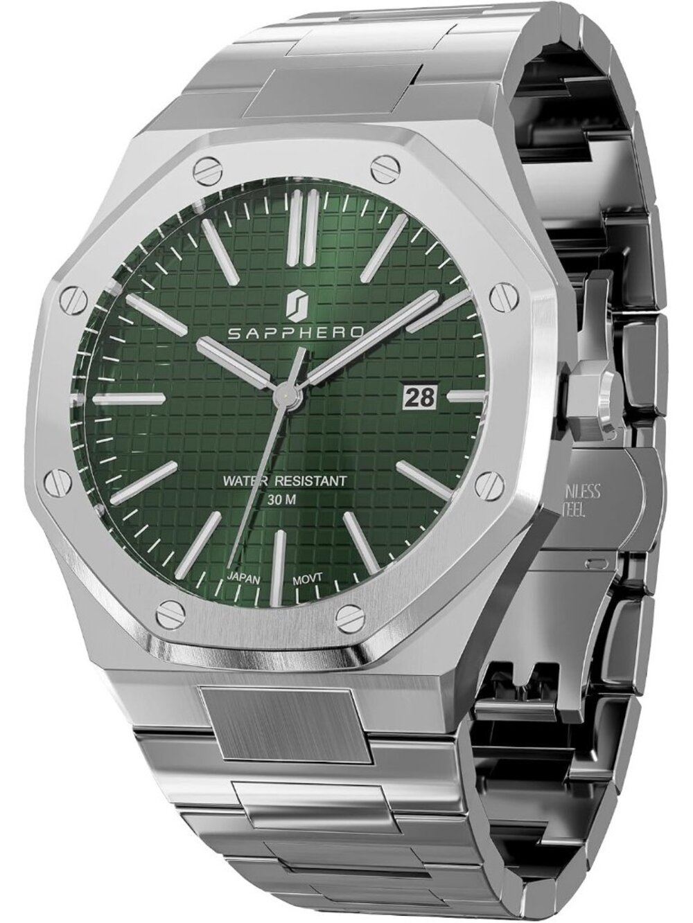 Mens Silver Strap Green Face Stainless Steel Octagonal Date Quartz Date Watch